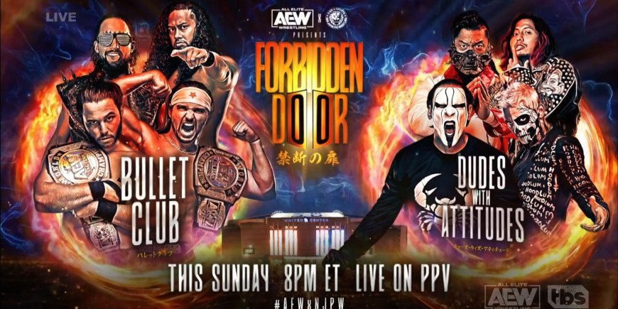 "Image: Forbidden Door 2023: AEW and NJPW Deliver an All-Star Event. Witness the clash between Sting, Darby Allin, and Shingo Takagi against Bullet Club in a historic showdown."